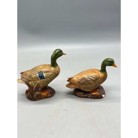 set of 2 Ceramic Duck figurines browns orange green 5.5" long 5" tall READ - Picture 4 of 5